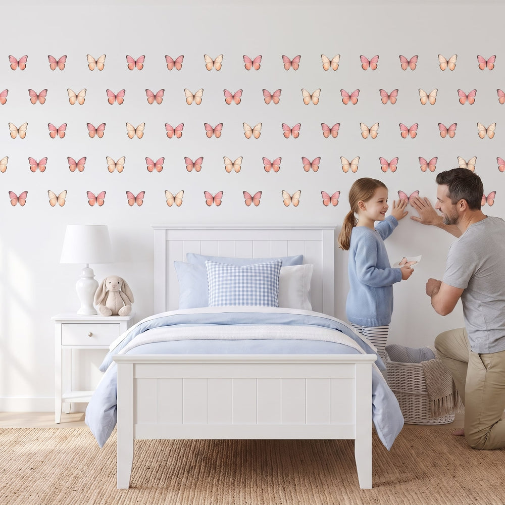 Blush Watercolour Butterflies Wall Sticker Decals wall decals: a girl and her dad putting the decals up in a girl's bedroom