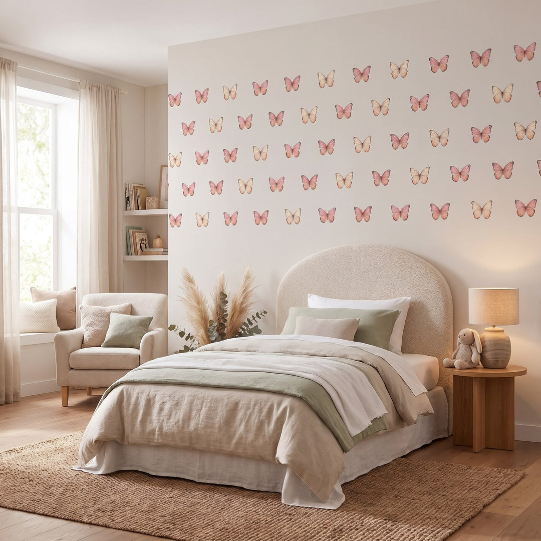 Blush Watercolour Butterflies Wall Sticker Decals wall decals: the whole room from a corner in a girl's bedroom