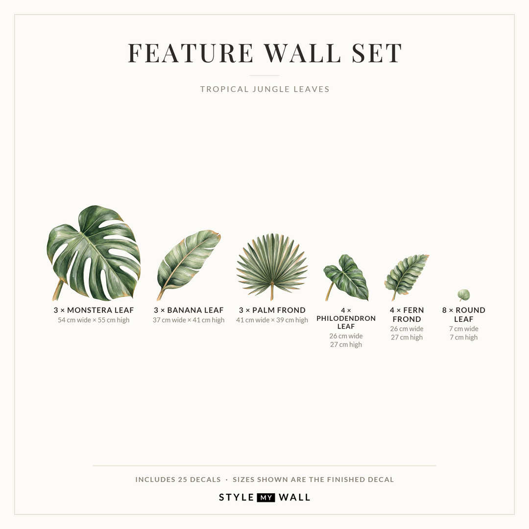 Tropical Jungle Leaves Wall Sticker Decals: Feature Wall Set sizes