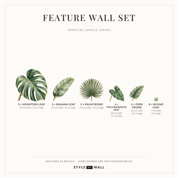 Tropical Jungle Leaves Wall Sticker Decals: Feature Wall Set sizes