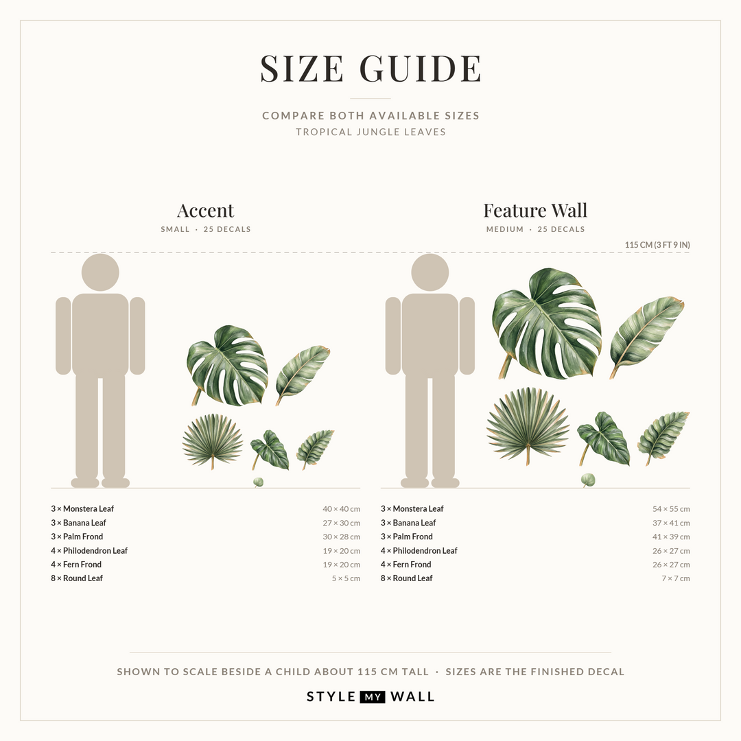 Tropical Jungle Leaves Wall Sticker Decals: size guide, every size shown to scale beside a child