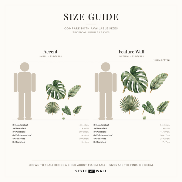 Tropical Jungle Leaves Wall Sticker Decals: size guide, every size shown to scale beside a child