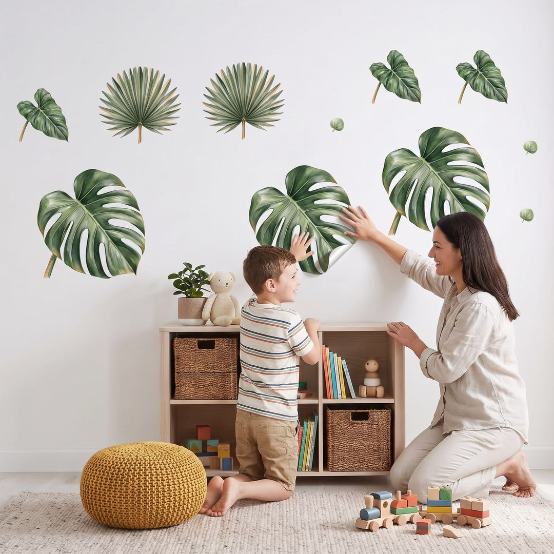 Tropical Jungle Leaves Wall Sticker Decals wall decals: a boy and his mum putting the decals up in a kids' room
