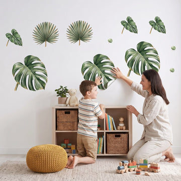 Tropical Jungle Leaves Wall Sticker Decals wall decals: a boy and his mum putting the decals up in a kids' room