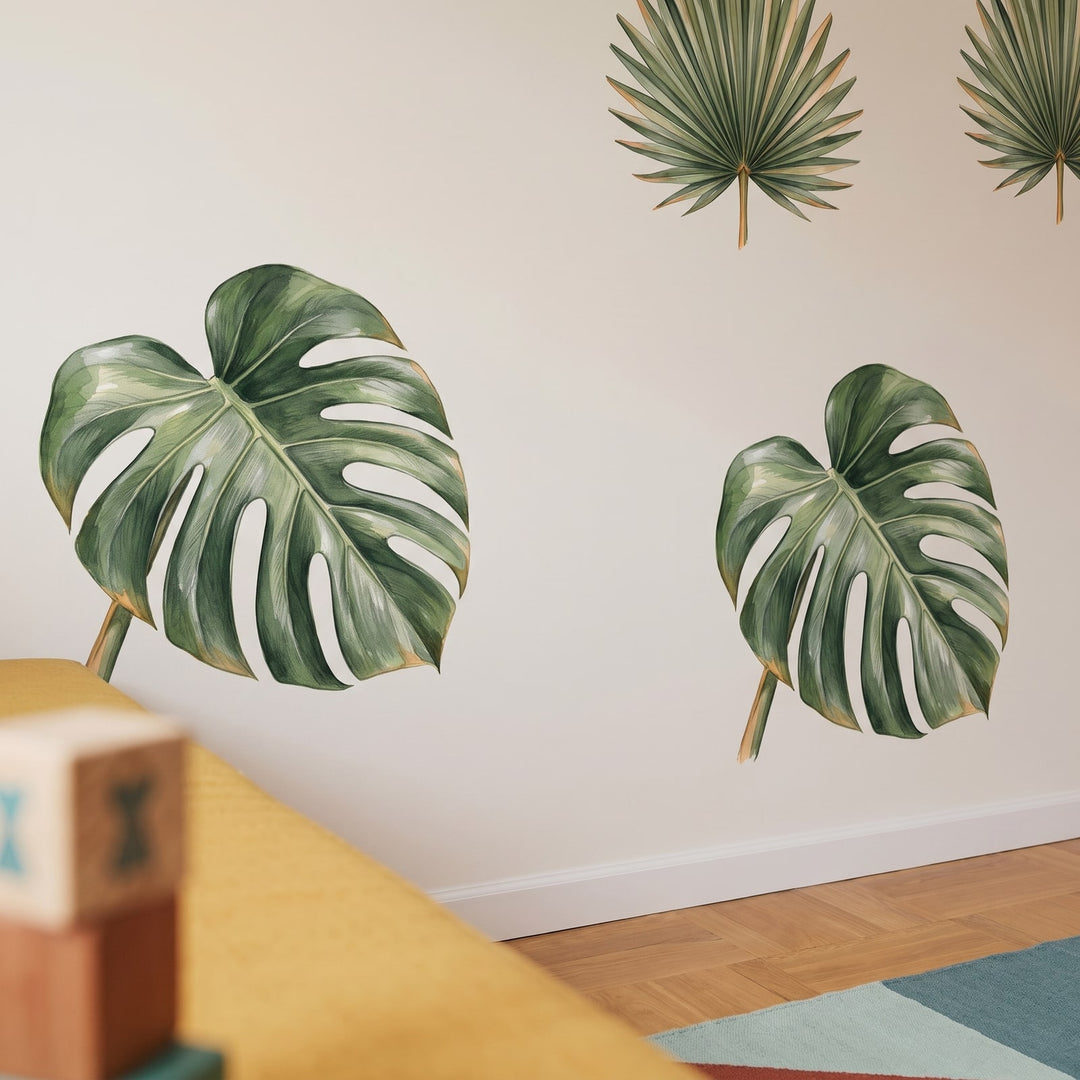Tropical Jungle Leaves Wall Sticker Decals wall decals: a close-up of the decals from one side in a playroom