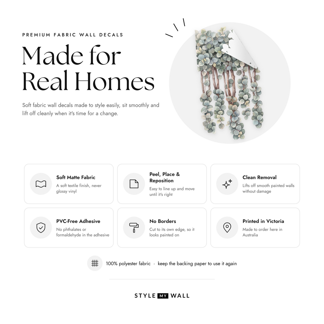 Trailing Gum Vine Wall Sticker Decals: soft matte fabric wall decals that peel, stick and reposition, printed in Victoria