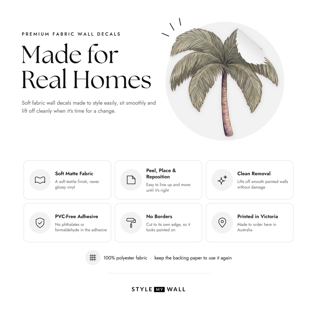 Little Palm Trees Wall Sticker Decals: soft matte fabric wall decals that peel, stick and reposition, printed in Victoria