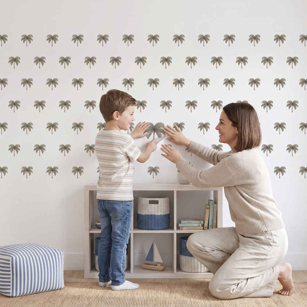 Little Palm Trees Wall Sticker Decals wall decals: a boy and his mum putting the decals up in a kids' room