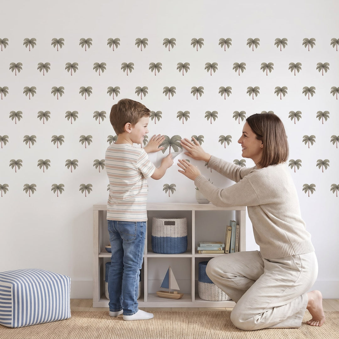 Little Palm Trees Wall Sticker Decals wall decals: a boy and his mum putting the decals up in a kids' room