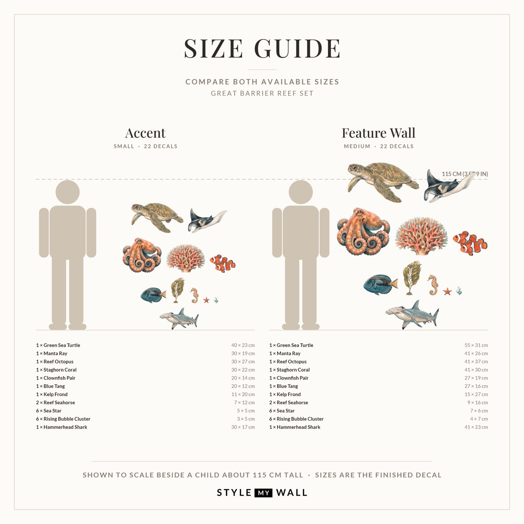 Great Barrier Reef Wall Sticker Decals: size guide, every size shown to scale beside a child