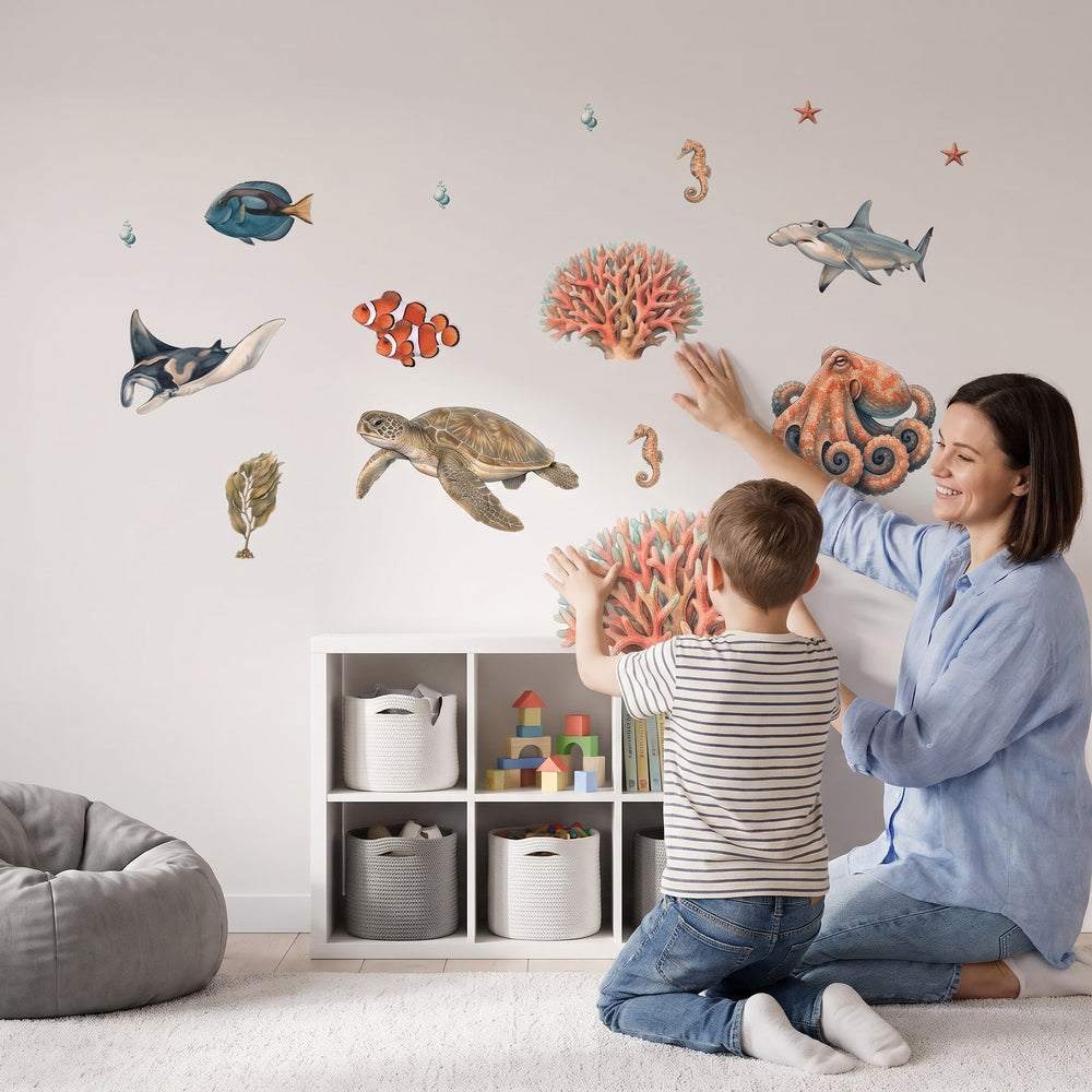 Great Barrier Reef Wall Sticker Decals wall decals: a boy and his mum putting the decals up in a kids' room