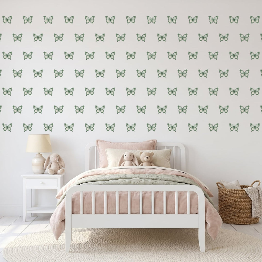 Butterfly Garden Wall Sticker Decals wall decals on a girl's bedroom wall (in Sage Green, 84 Pack size)
