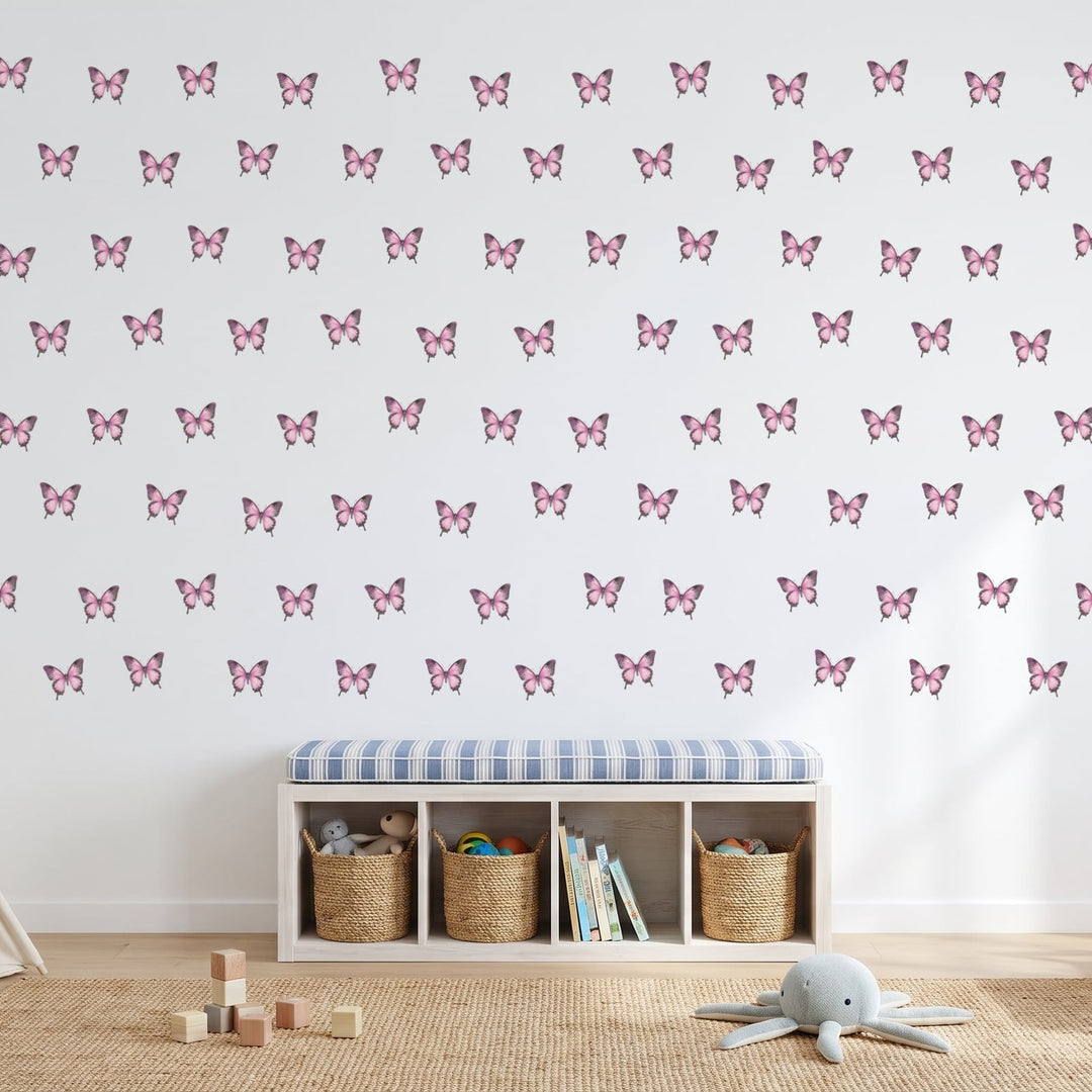 Butterfly Garden Wall Sticker Decals wall decals on a playroom wall (in Pink Purple, 84 Pack size)