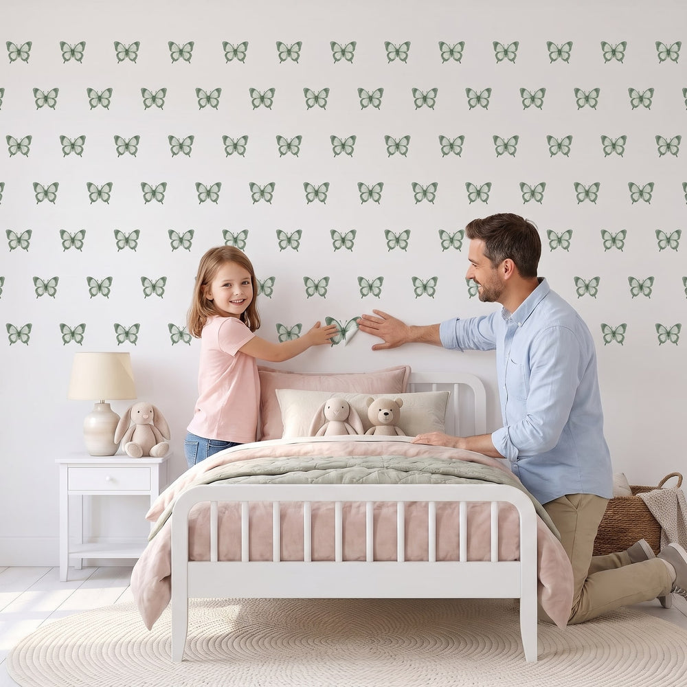 Butterfly Garden Wall Sticker Decals wall decals: a girl and her dad putting the decals up in a girl's bedroom