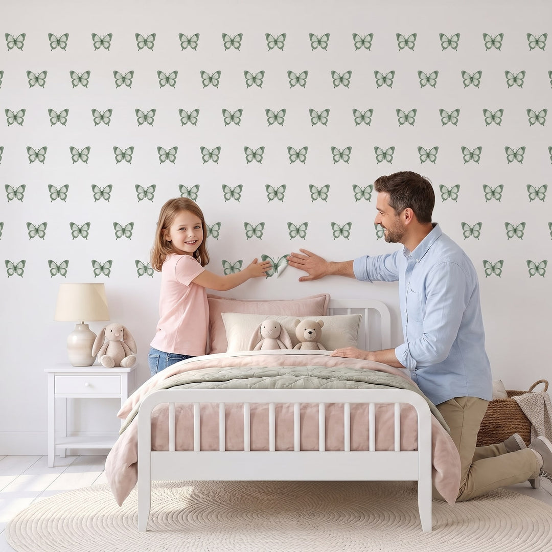 Butterfly Garden Wall Sticker Decals wall decals: a girl and her dad putting the decals up in a girl's bedroom