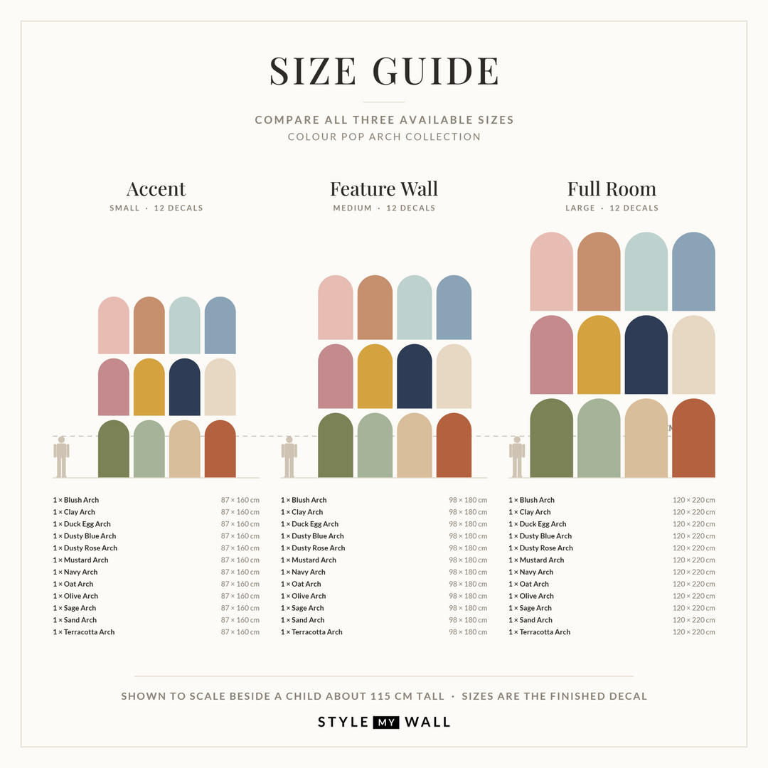 Colour Pop Arch Wall Sticker Decals: size guide, every size shown to scale beside a child