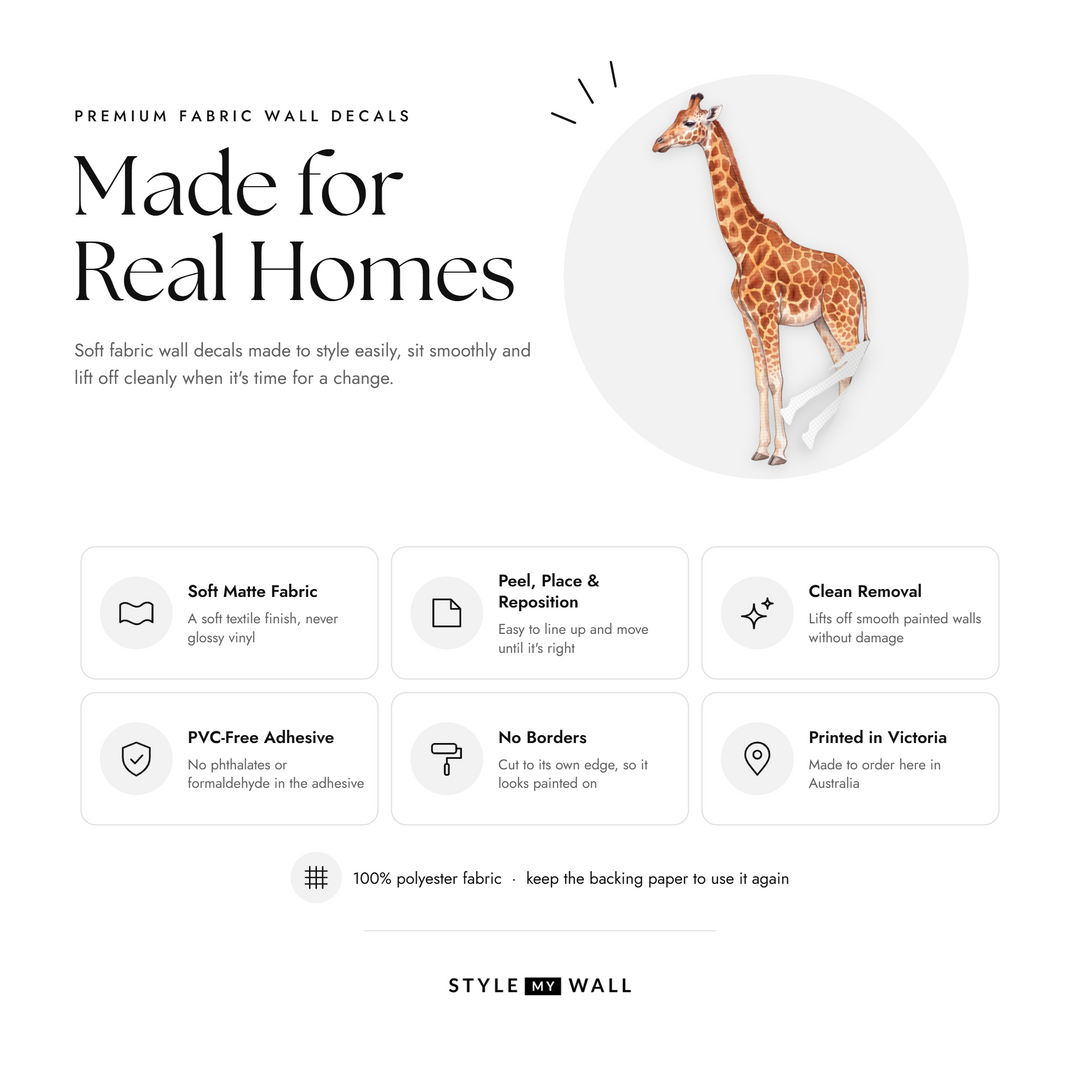 Gentle Giraffe Wall Sticker Decals: soft matte fabric wall decals that peel, stick and reposition, printed in Victoria