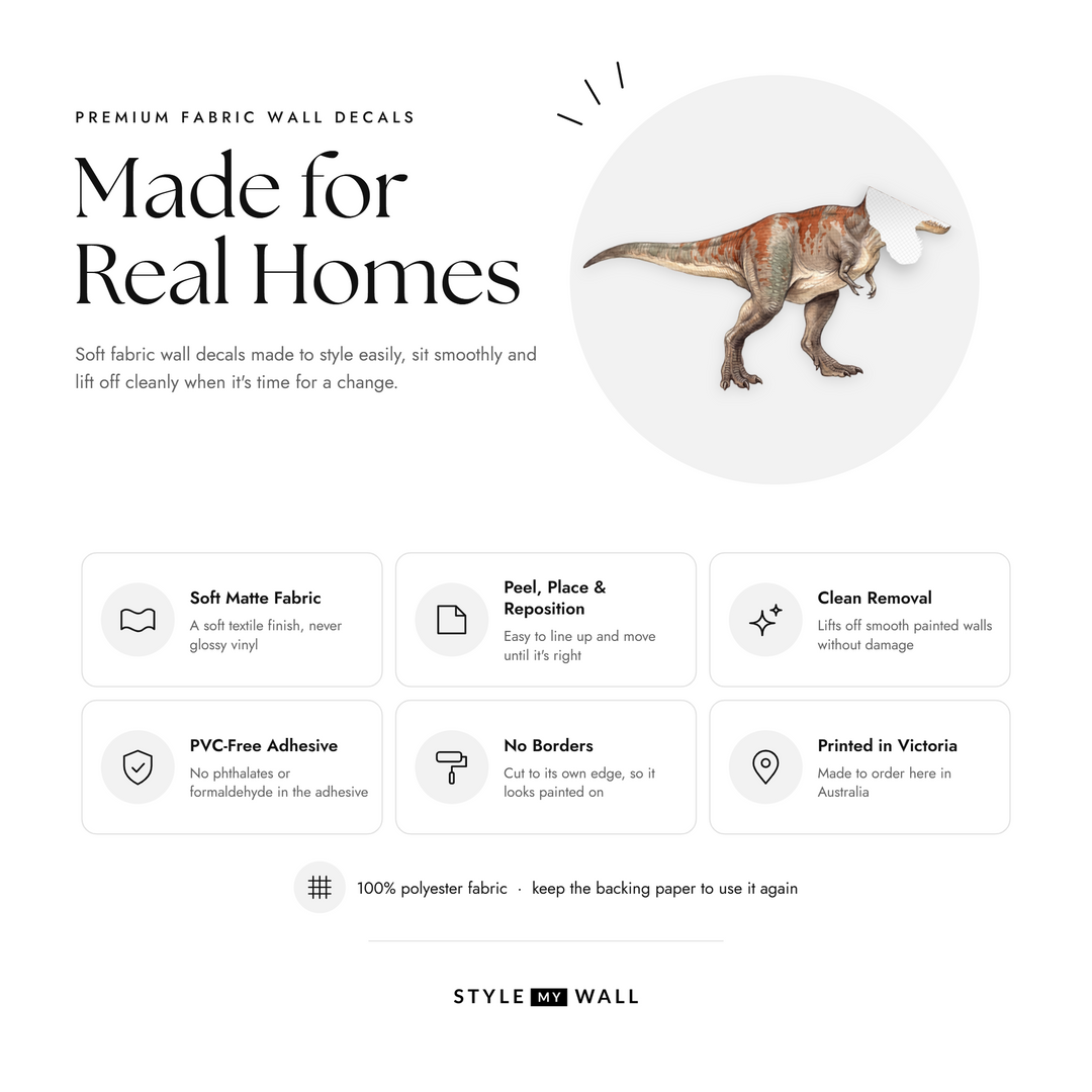 Roaring T Rex Wall Sticker Decals: soft matte fabric wall decals that peel, stick and reposition, printed in Victoria