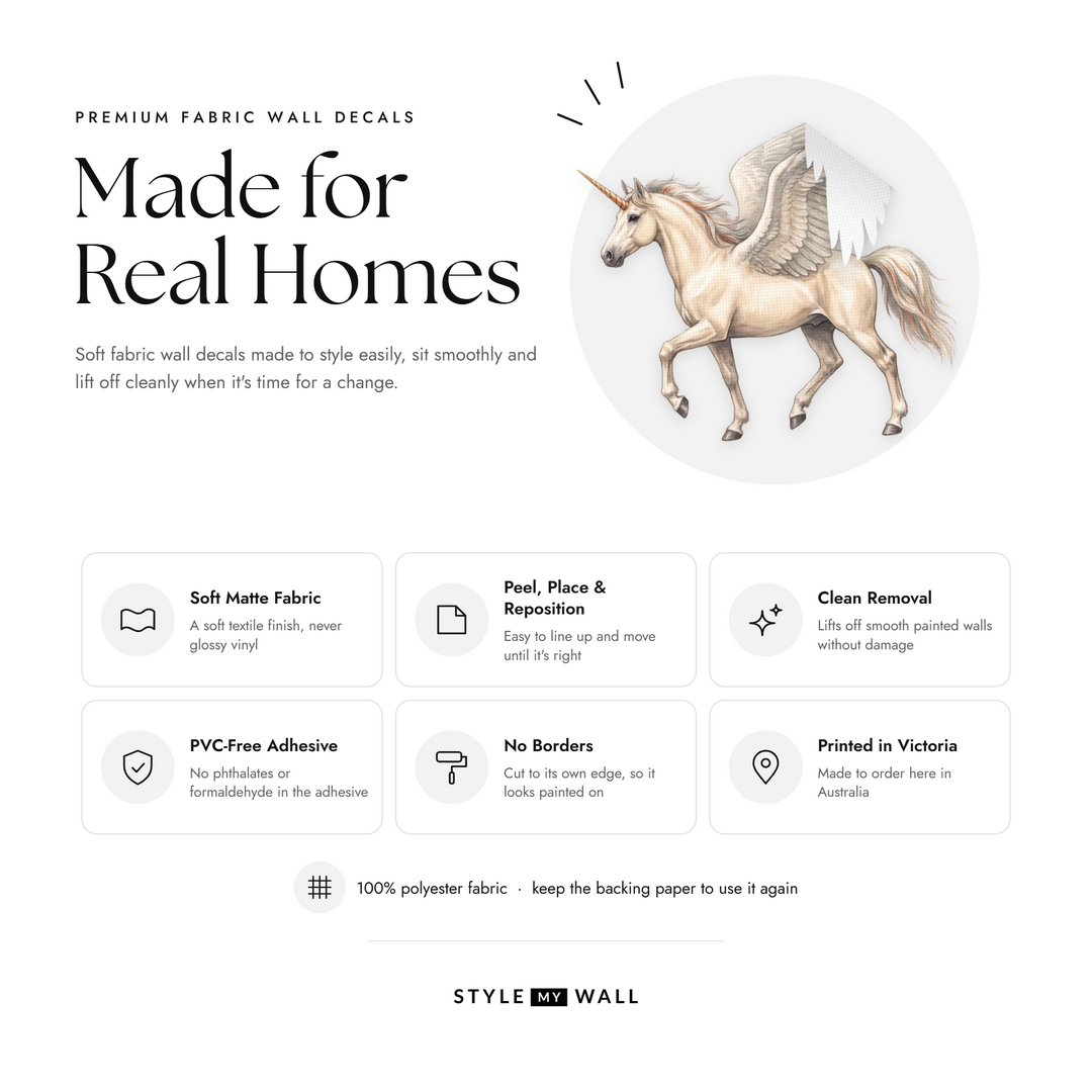 Winged Unicorn Wall Sticker Decals: soft matte fabric wall decals that peel, stick and reposition, printed in Victoria