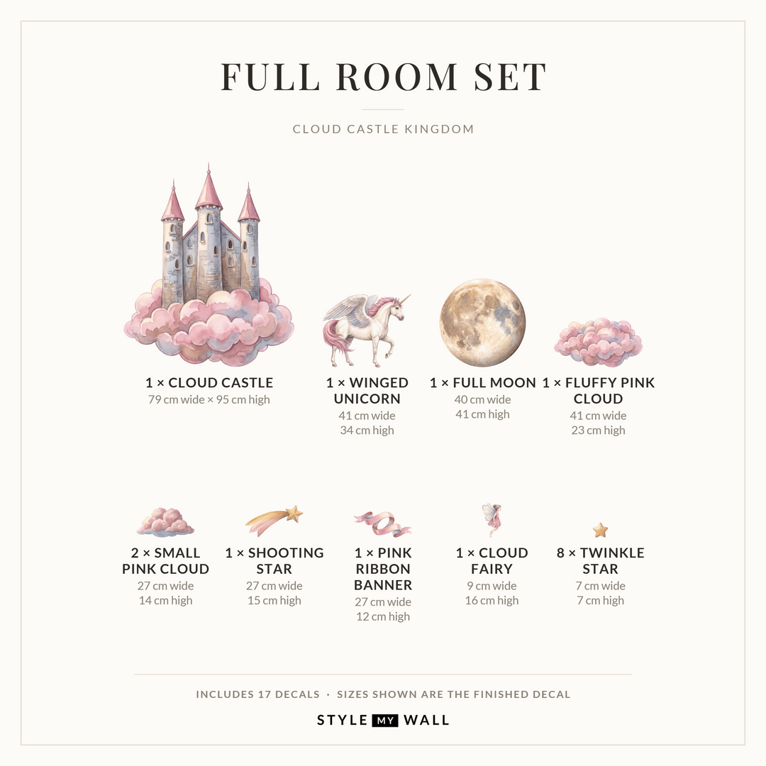 Cloud Castle Kingdom Wall Sticker Decals: Full Room Set sizes