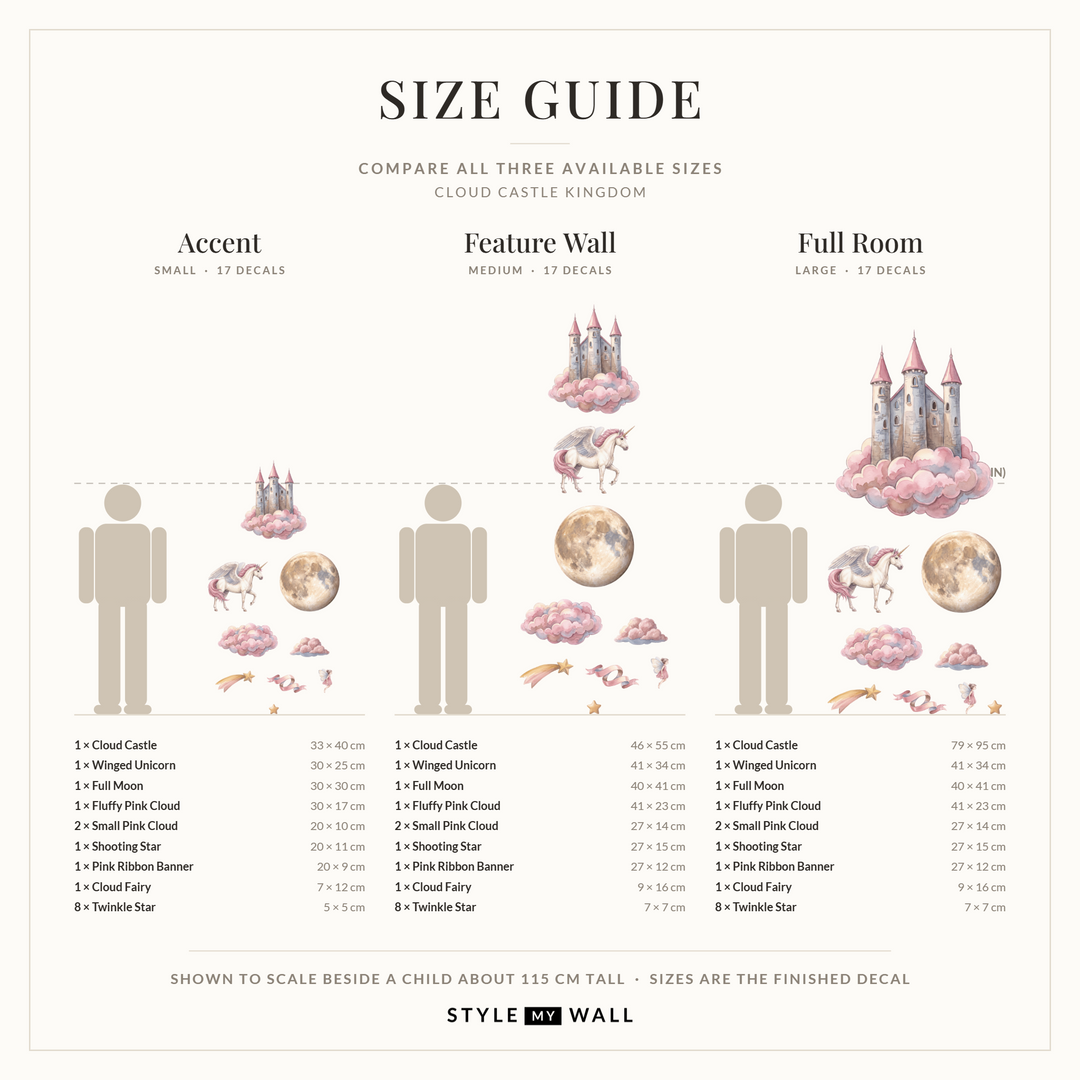 Cloud Castle Kingdom Wall Sticker Decals: size guide, every size shown to scale beside a child