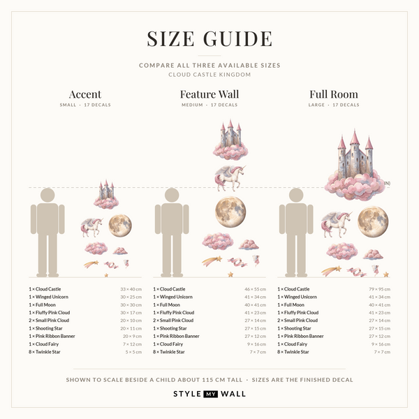 Cloud Castle Kingdom Wall Sticker Decals: size guide, every size shown to scale beside a child