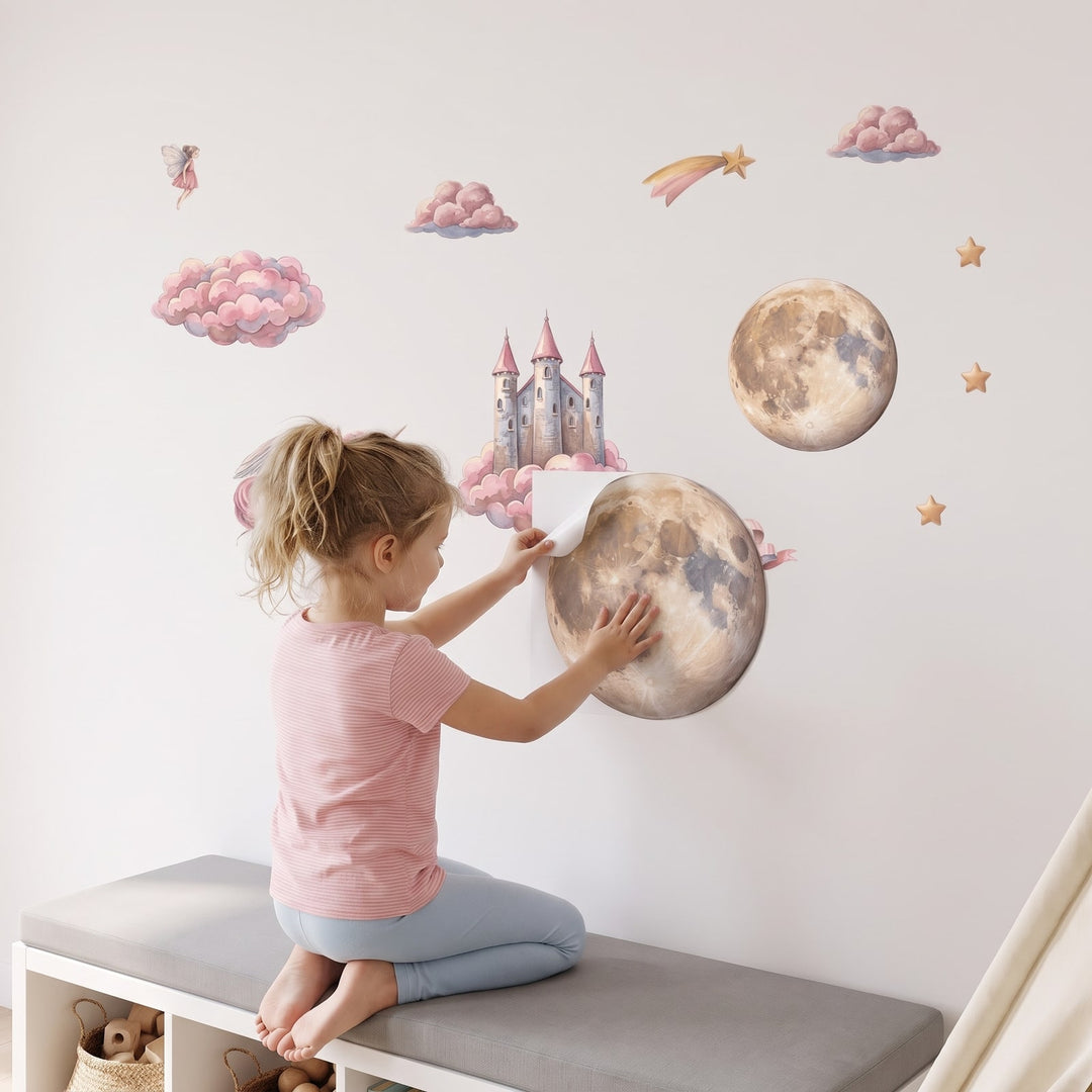 Cloud Castle Kingdom Wall Sticker Decals wall decals: a girl putting the decals up in a playroom