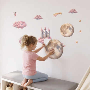 Cloud Castle Kingdom Wall Sticker Decals wall decals: a girl putting the decals up in a playroom