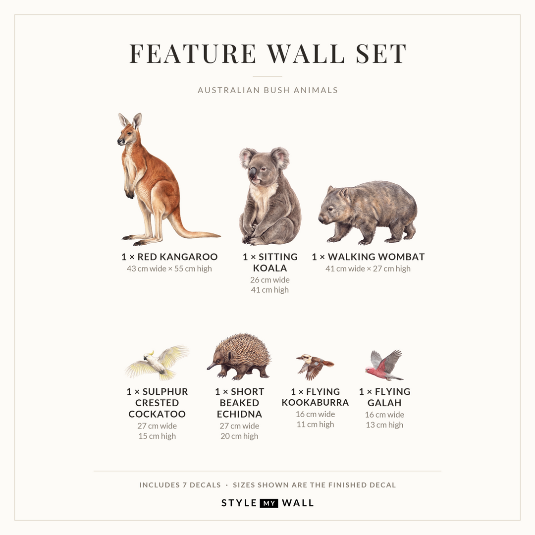 Australian Bush Animals Wall Sticker Decals: Feature Wall Set sizes