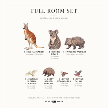 Australian Bush Animals Wall Sticker Decals: Full Room Set sizes
