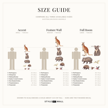 Australian Bush Animals Wall Sticker Decals: size guide, every size shown to scale beside a child