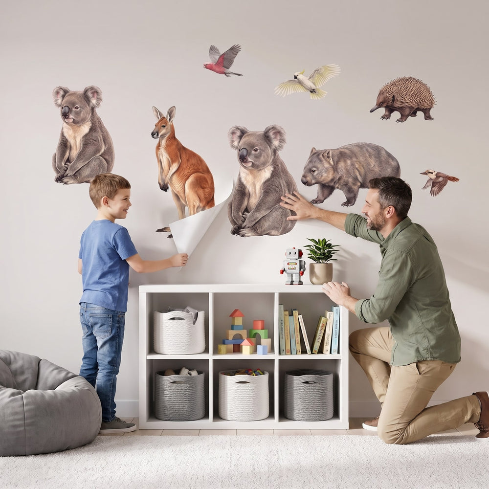 Australian Bush Animals Wall Sticker Decals wall decals: a boy and his dad putting the decals up in a kids' room