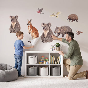 Australian Bush Animals Wall Sticker Decals wall decals: a boy and his dad putting the decals up in a kids' room