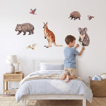 Australian Bush Animals Wall Sticker Decals wall decals: a boy putting the decals up in a boy's bedroom