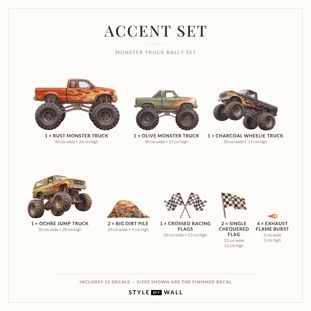 Monster Truck Rally Wall Sticker Decals: Accent Set sizes