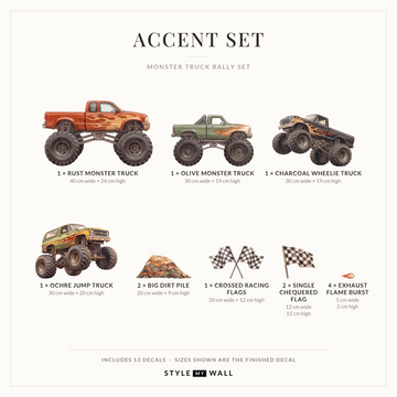 Monster Truck Rally Wall Sticker Decals: Accent Set sizes