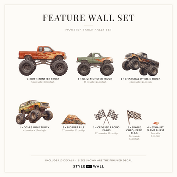 Monster Truck Rally Wall Sticker Decals: Feature Wall Set sizes