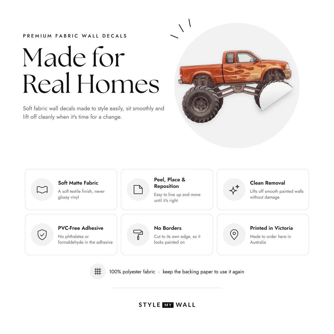 Monster Truck Rally Wall Sticker Decals: soft matte fabric wall decals that peel, stick and reposition, printed in Victoria