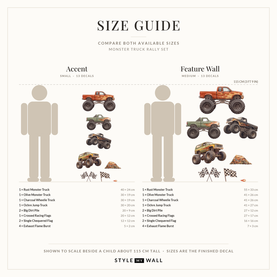 Monster Truck Rally Wall Sticker Decals: size guide, every size shown to scale beside a child