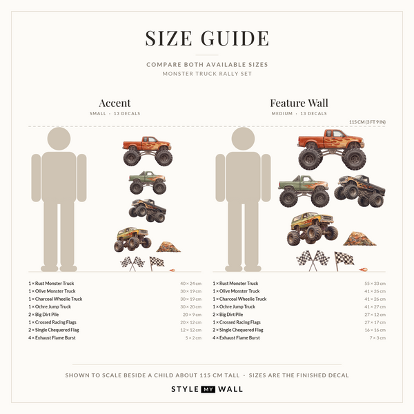 Monster Truck Rally Wall Sticker Decals: size guide, every size shown to scale beside a child