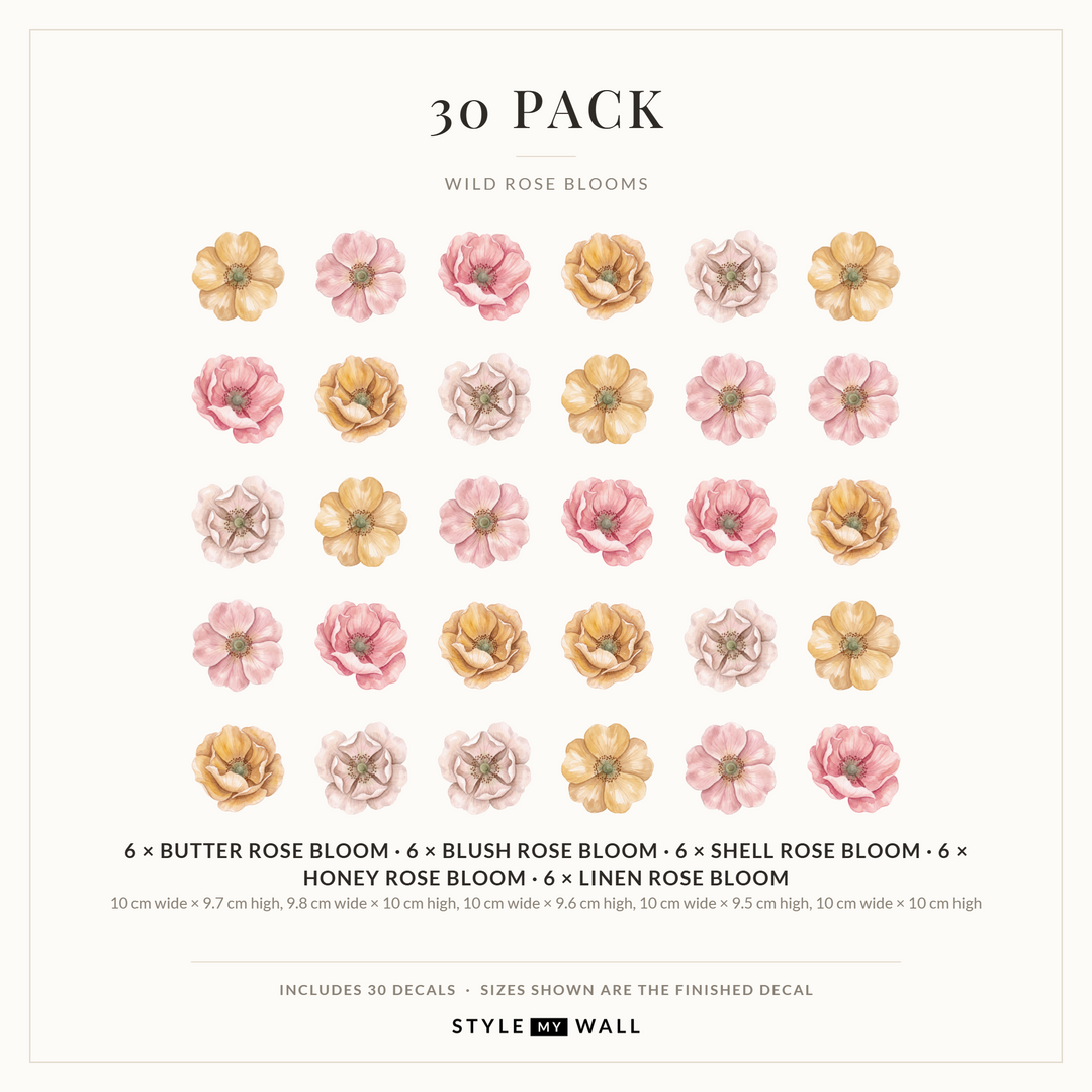 Wild Rose Blooms Wall Sticker Decals: 30 Pack sizes
