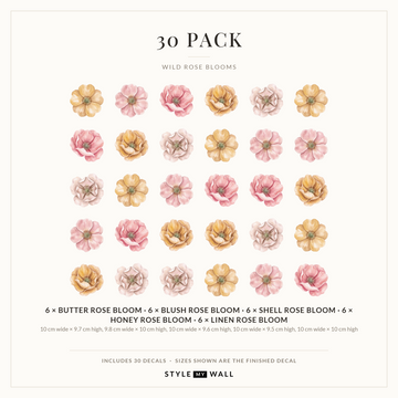 Wild Rose Blooms Wall Sticker Decals: 30 Pack sizes