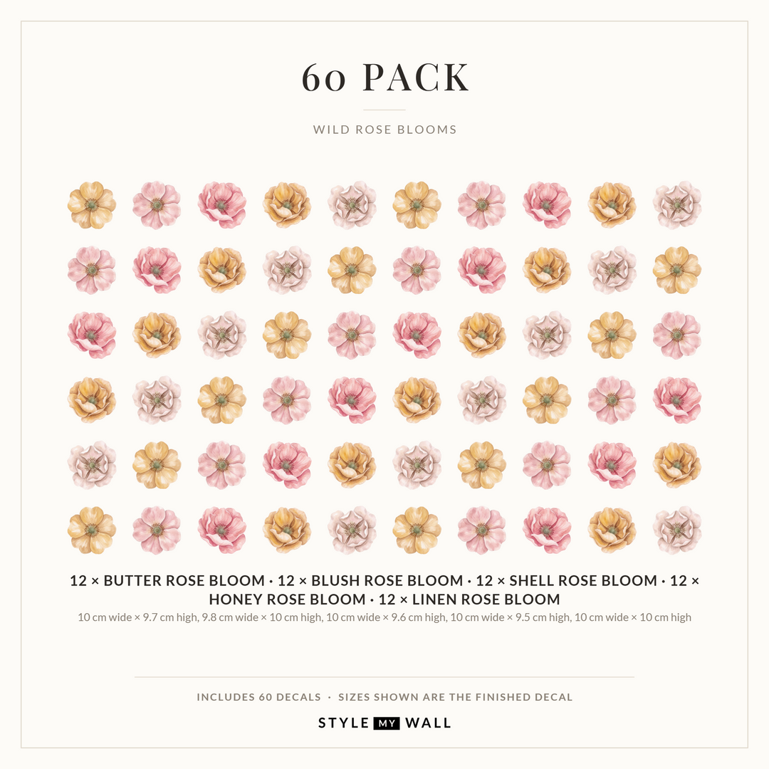 Wild Rose Blooms Wall Sticker Decals: 60 Pack sizes
