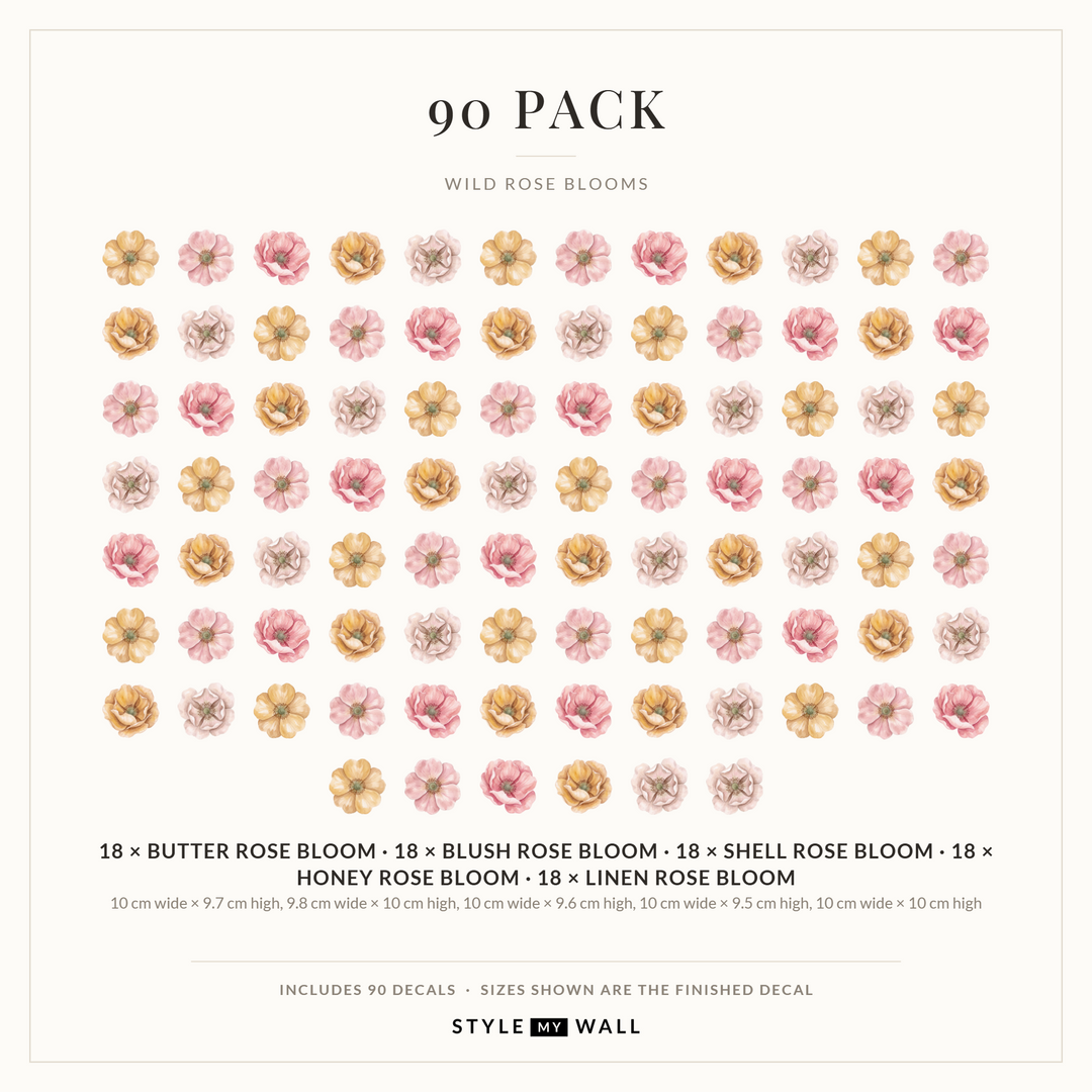 Wild Rose Blooms Wall Sticker Decals: 90 Pack sizes