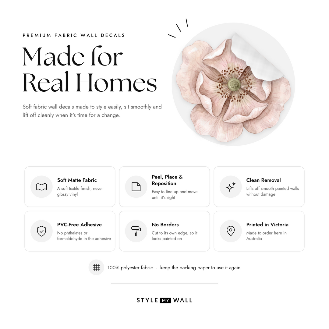 Wild Rose Blooms Wall Sticker Decals: soft matte fabric wall decals that peel, stick and reposition, printed in Victoria