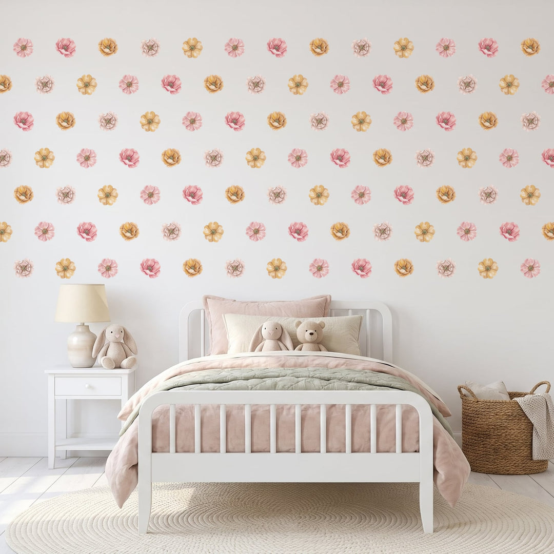 Wild Rose Blooms Wall Sticker Decals wall decals on a girl's bedroom wall (90 Pack size)