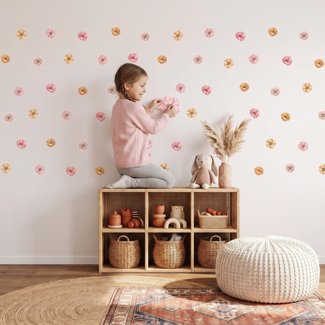 Wild Rose Blooms Wall Sticker Decals wall decals: a girl putting the decals up in a kids' room