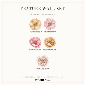 Soft Petals Rose Wall Sticker Decals: Feature Wall Set sizes