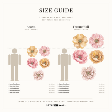 Soft Petals Rose Wall Sticker Decals: size guide, every size shown to scale beside a child