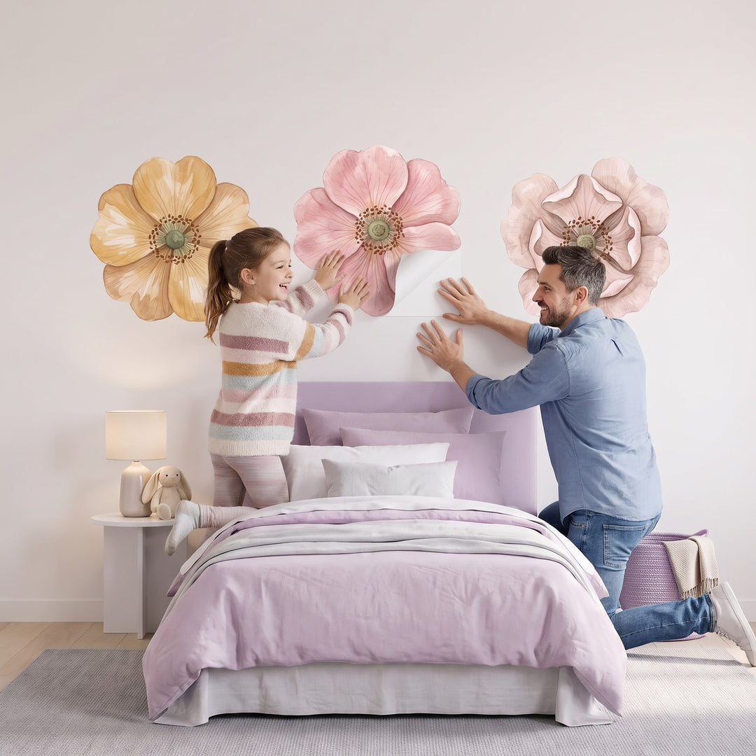 Soft Petals Rose Wall Sticker Decals wall decals: a girl and her dad putting the decals up in a girl's bedroom